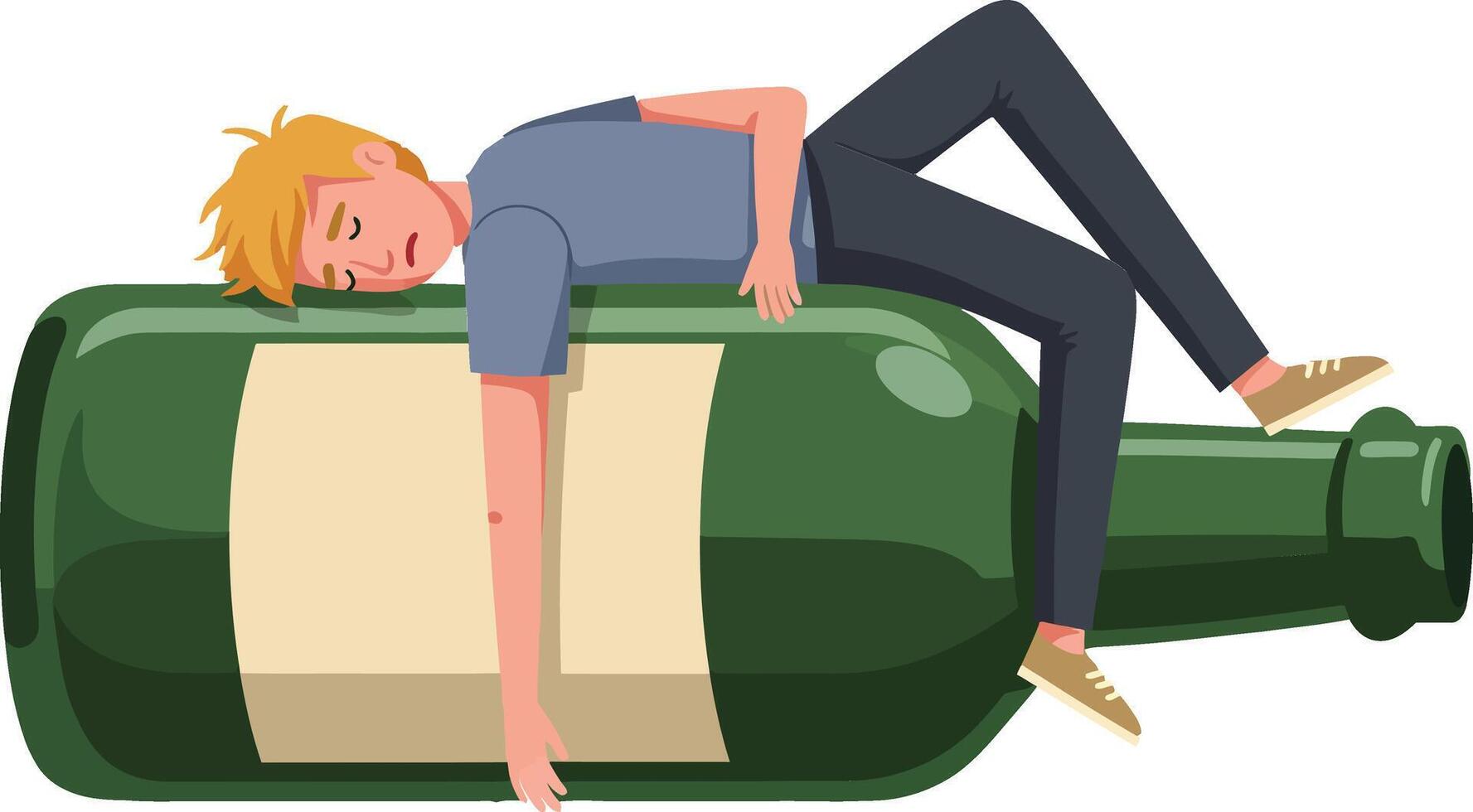 A young man peacefully resting on a large green bottle in a flat, cartoonish style of art vector