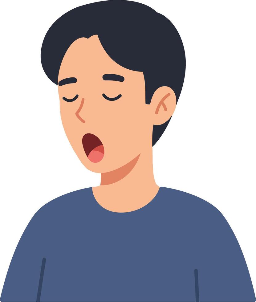 Young man yawning with closed eyes in a casual blue shirt depicted in a flat design style, expressing fatigue in illustration vector