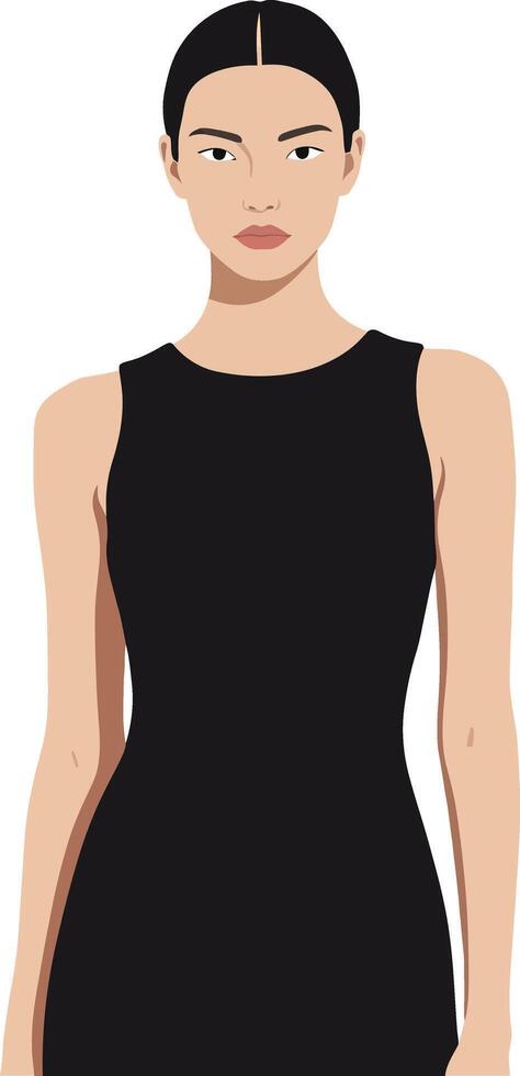 Elegant woman in a sleek black dress with minimalistic style and neutral expression, standing confidently against a plain background, art vector