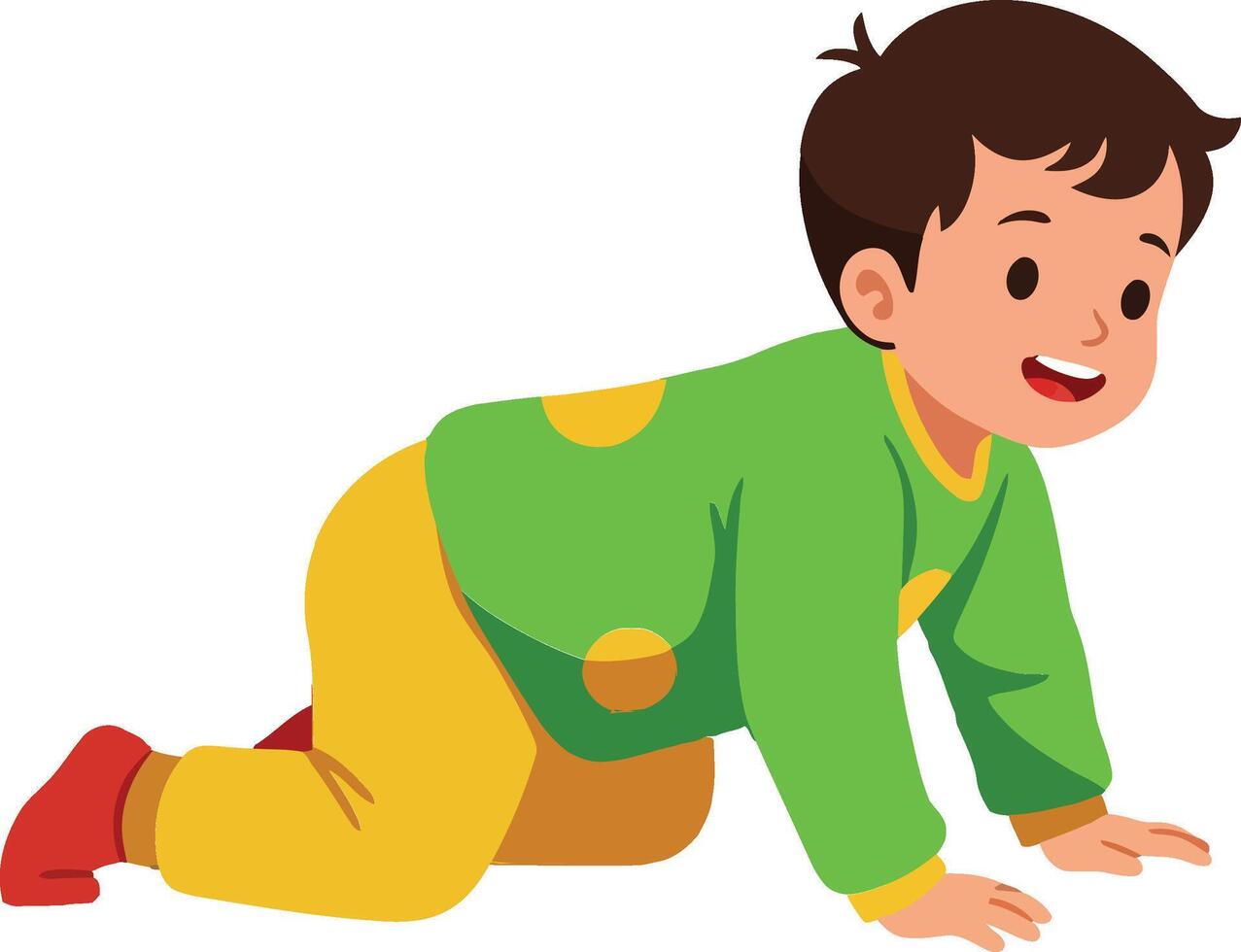 Happy young boy crawling on the floor in colorful clothing with a joyful expression in a flat illustration vector