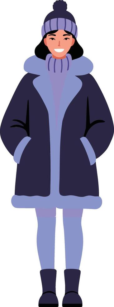 A cheerful woman wearing a warm winter coat and hat in a flat design style, standing confidently with hands in pockets, showcasing a cozy mood, illustration vector