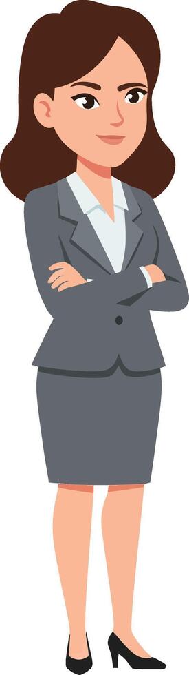 Confident businesswoman in a grey suit standing with arms crossed in a professional setting featuring flat design illustration vector