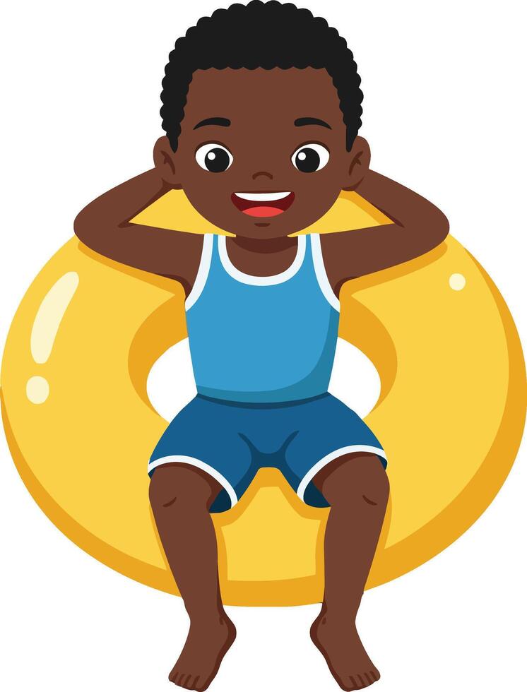Happy young boy enjoying summer fun while sitting in a bright yellow inflatable ring in a playful and cheerful flat illustration vector