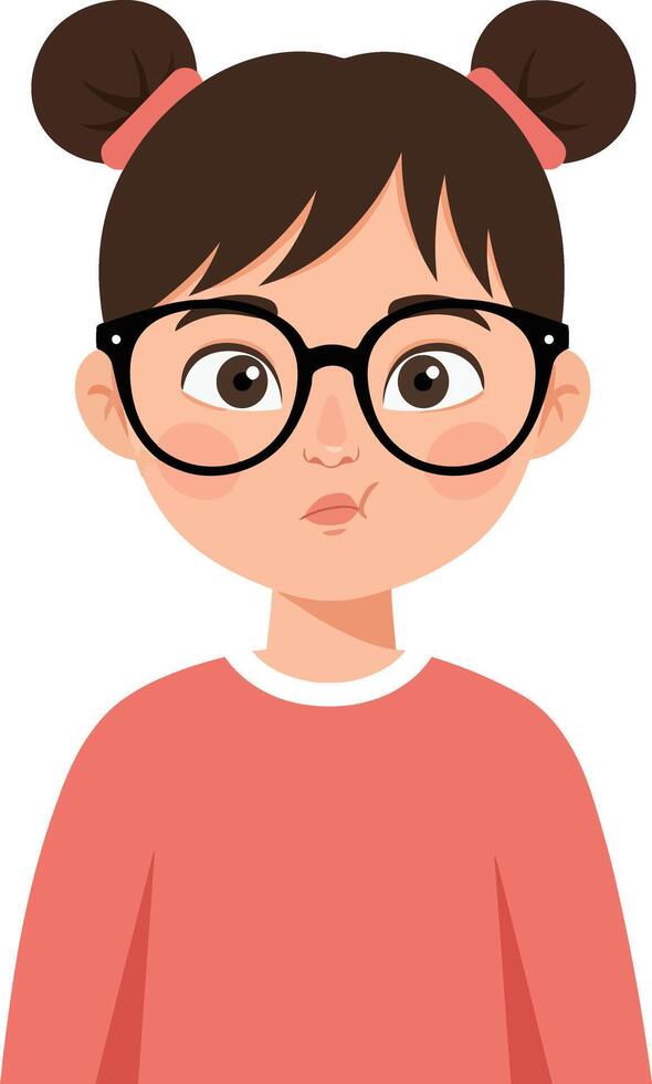 Young girl with pigtails wearing oversized glasses, dressed in a pink sweater, showcasing a curious expression in a flat illustration vector