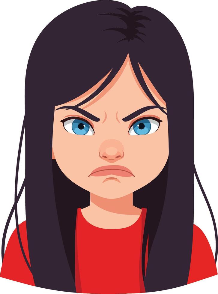 Cartoon girl with long black hair and an angry expression wearing a red shirt in a flat design illustration vector