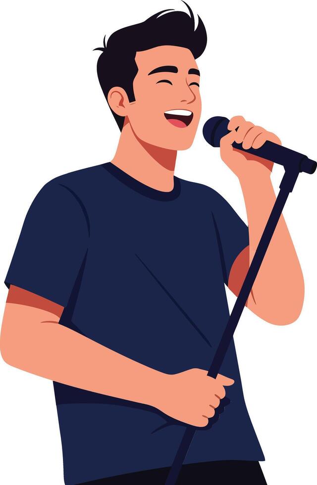 Young man singing joyfully into a microphone in a vibrant flat design illustration vector