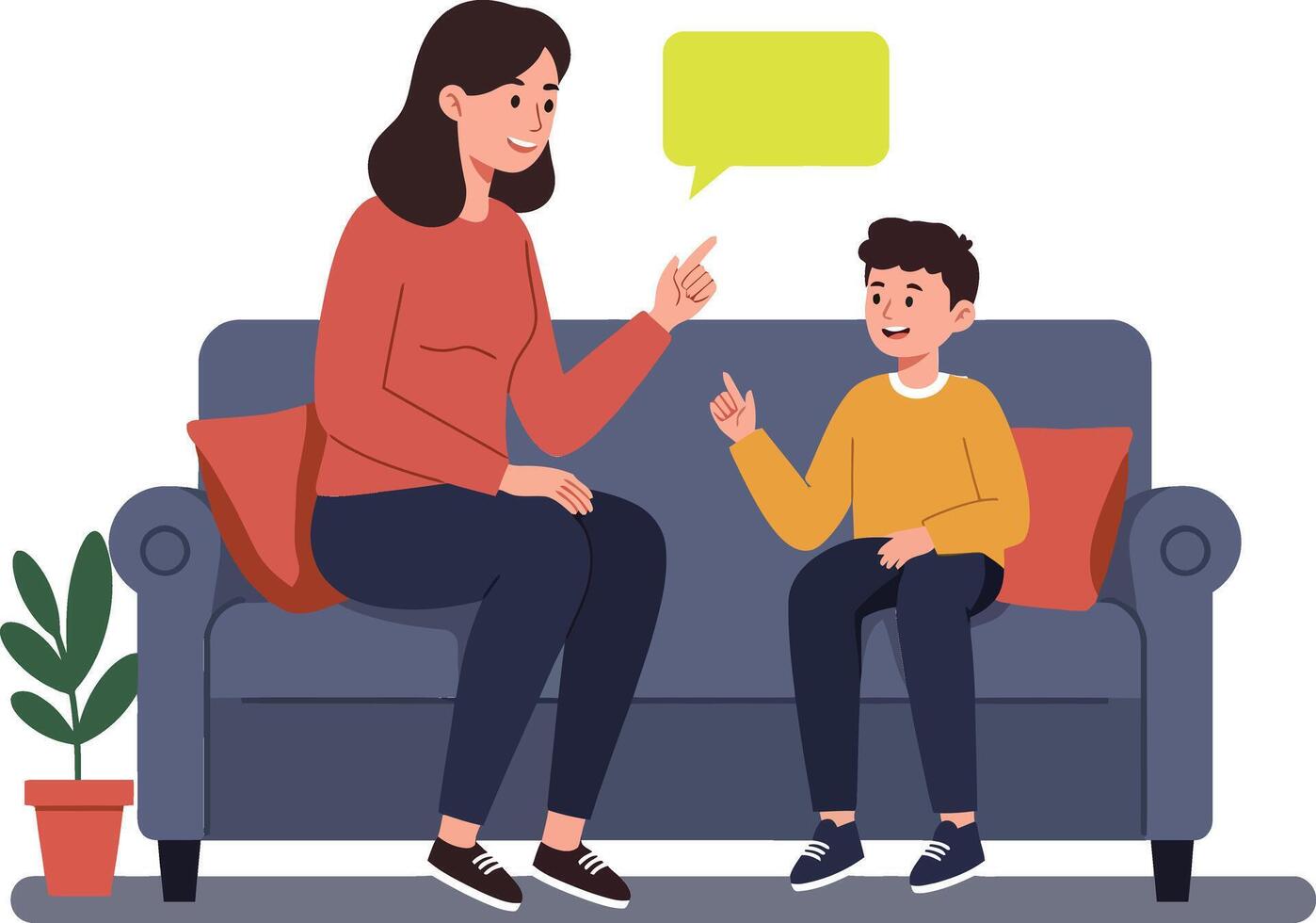 A mother and son engaging in lively conversation while sitting on a cozy couch in a flat illustration showcasing warmth and connection vector