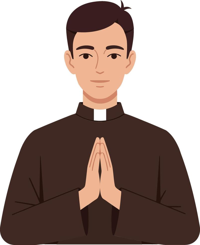 A young male priest with folded hands in a brown robe showcasing a calm demeanor in a minimal flat illustration vector