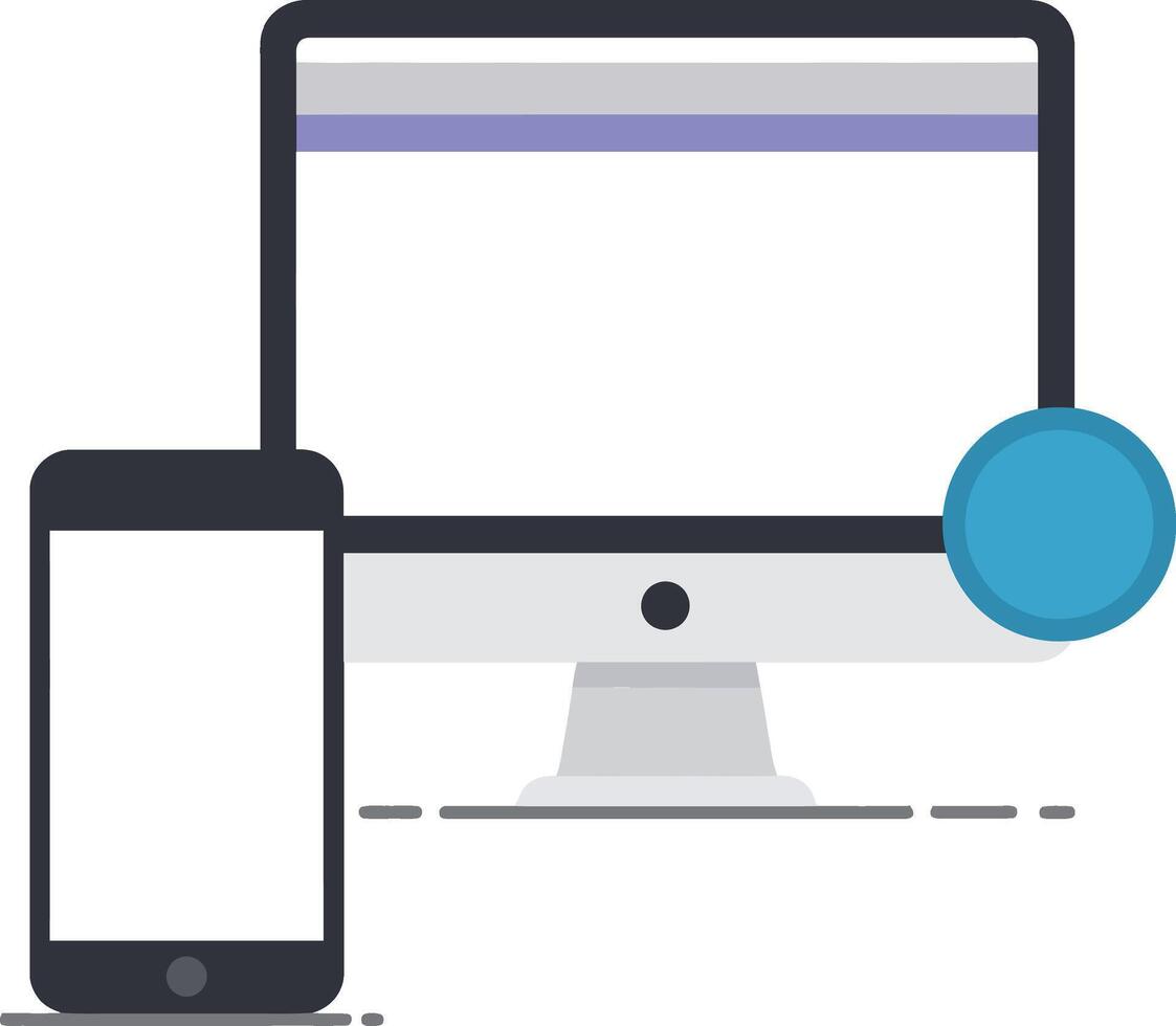 Modern desktop computer and smartphone in a flat design style showcasing digital connectivity and technology interaction in vibrant art vector