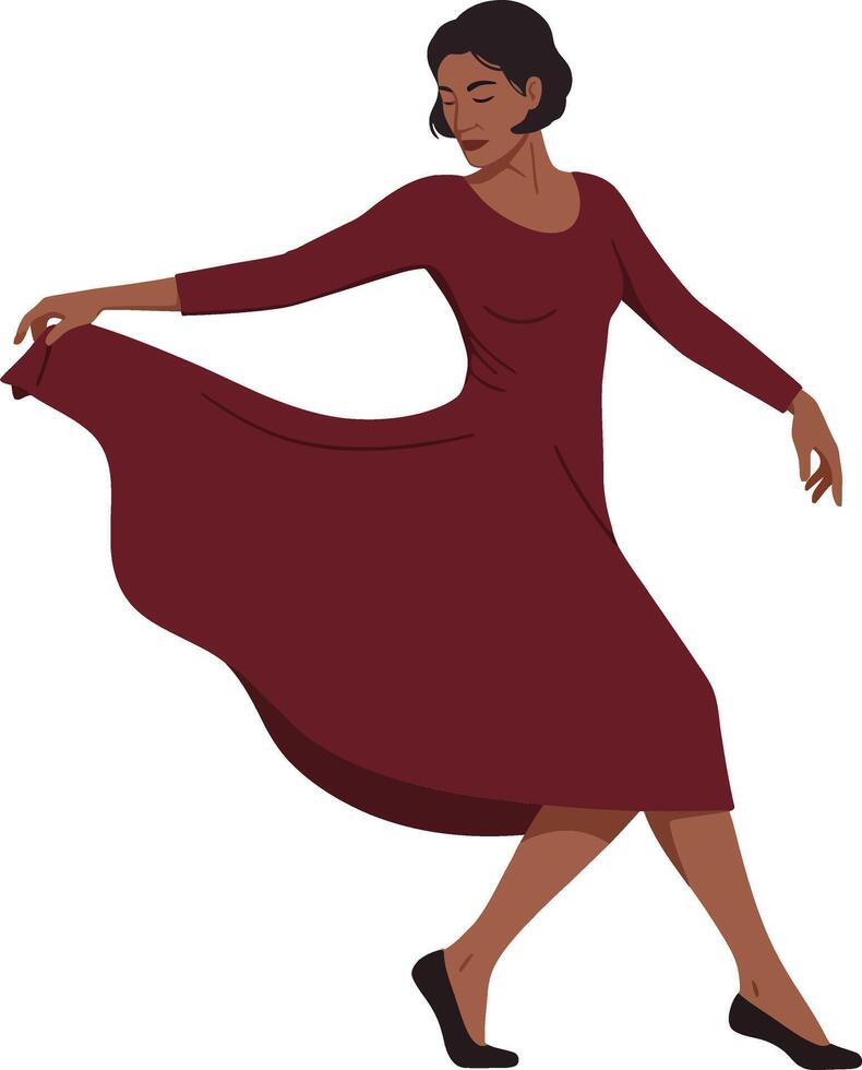 A graceful woman in a flowing burgundy dress dancing joyfully in a minimal flat design illustration vector