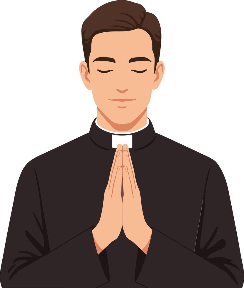 A young priest in a black cassock with clasped hands praying in a serene and reflective manner, showcasing minimal illustration style vector