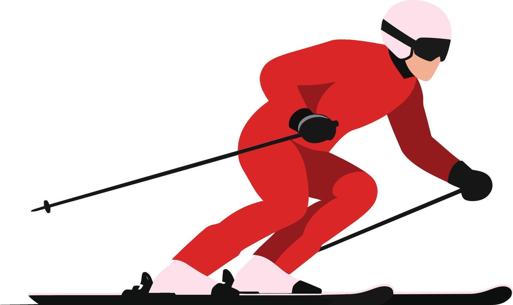 Dynamic skier in a vibrant red suit gracefully carving through fresh snow in a minimal flat design illustration vector