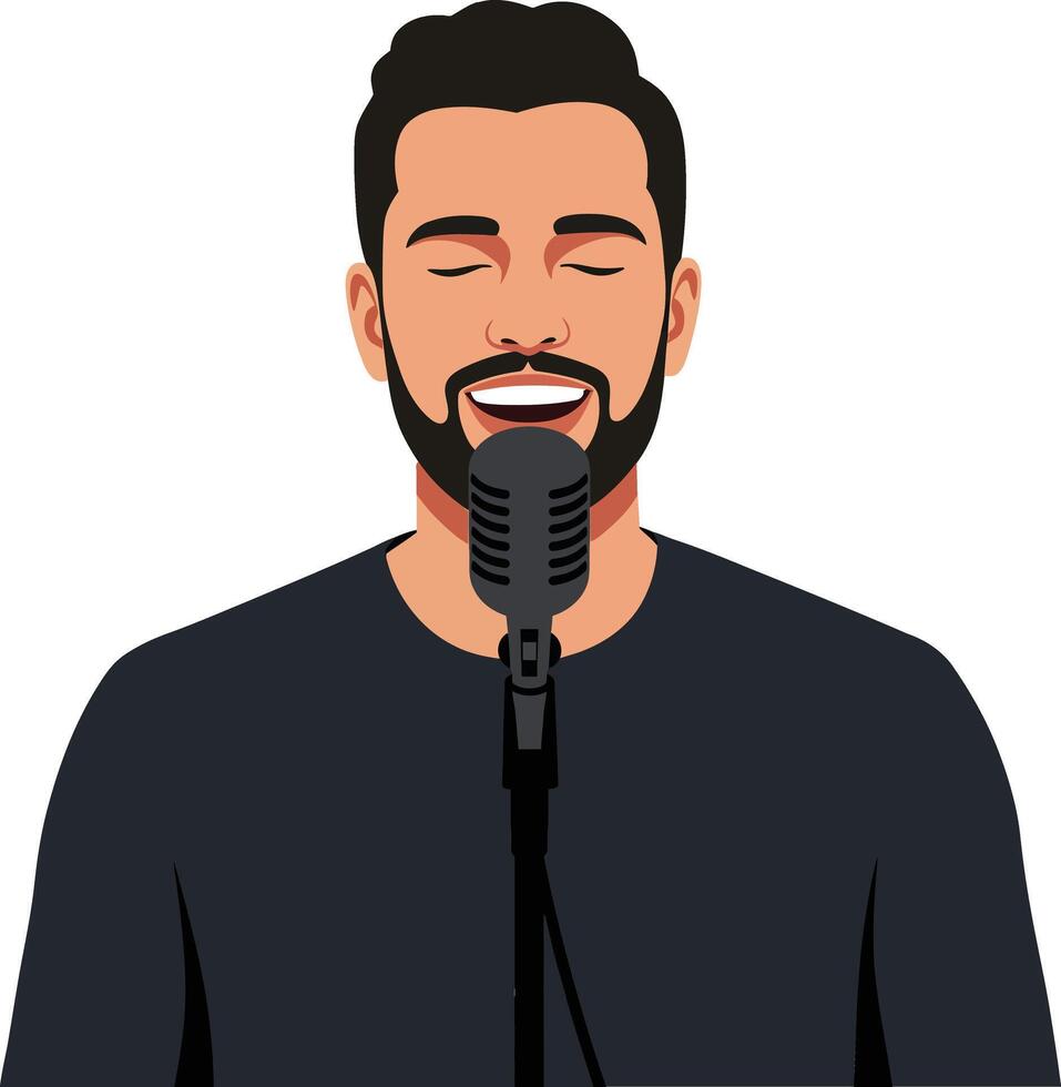 A man singing joyfully into a vintage microphone in a flat design art style showcasing vibrant colors and a lively atmosphere vector