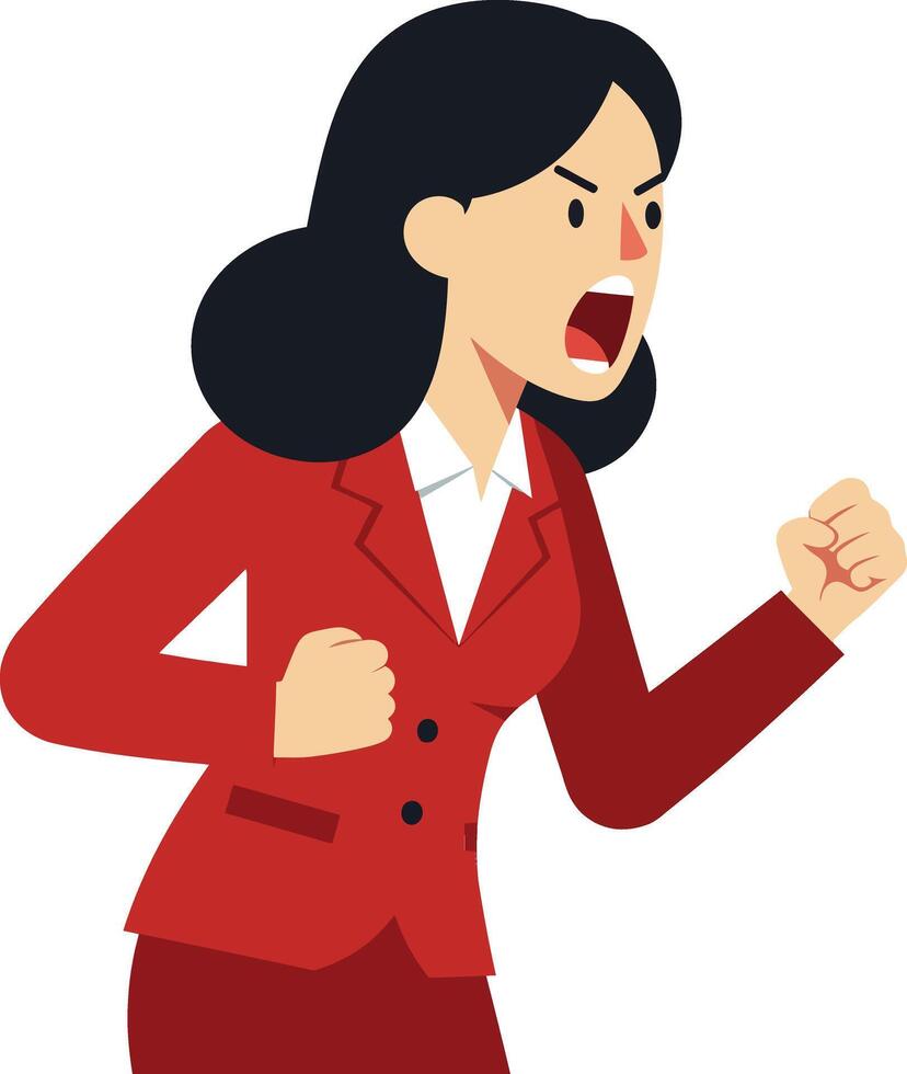 A determined businesswoman passionately expressing her thoughts while wearing a red suit and white blouse in a flat illustration vector