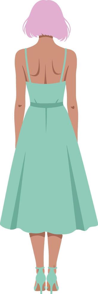 A woman in a mint green dress with pink hair standing gracefully in a minimal and stylish pose, showcasing modern fashion in art vector