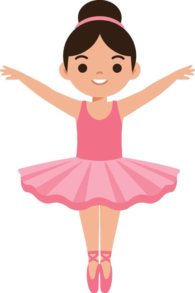 Cheerful young girl in a pink ballet outfit performing a dance pose in flat art vector