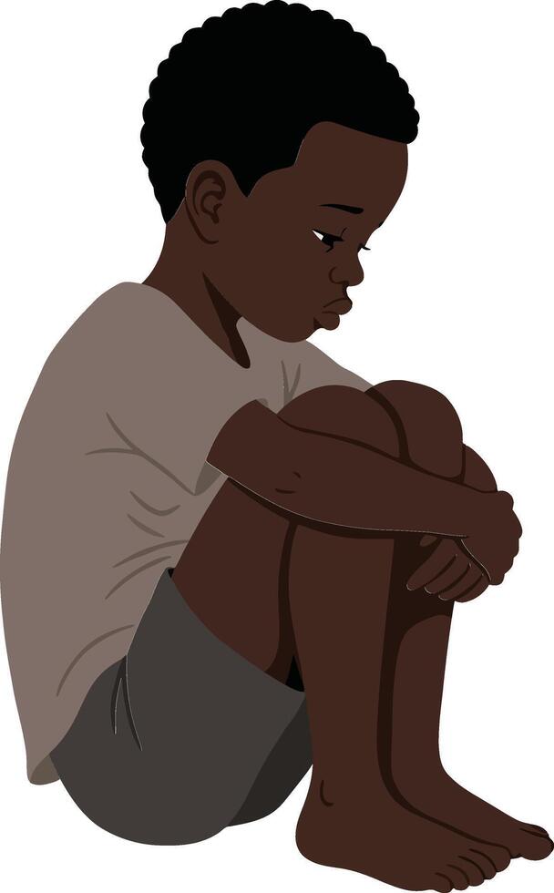 A young boy sitting in a thoughtful pose with arms wrapped around knees, showcasing a minimal and expressive style, illustration vector
