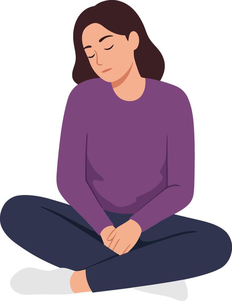 A woman sitting cross-legged on the floor in a cozy space wearing a purple sweater and dark pants, minimal illustration showcasing calmness and serenity in the moment vector