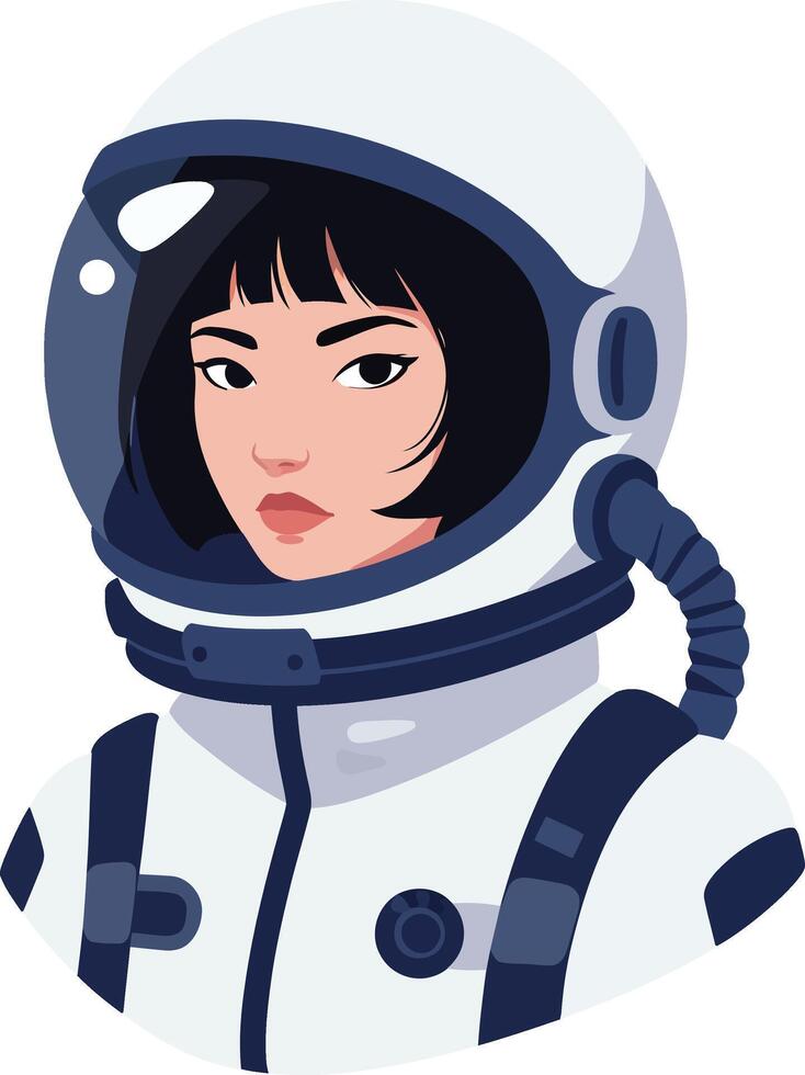 Female astronaut with short black hair wearing a white space suit and helmet in a minimalistic illustration vector