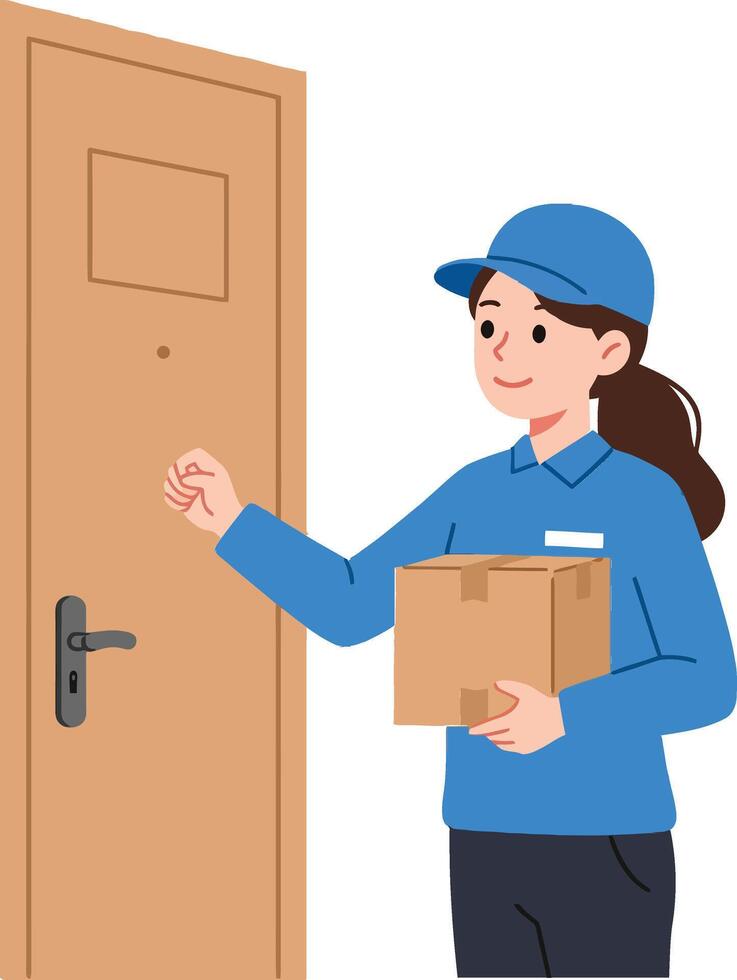 Delivery woman smiling while knocking on a door, wearing a blue uniform, showcasing friendly demeanor in flat illustration vector