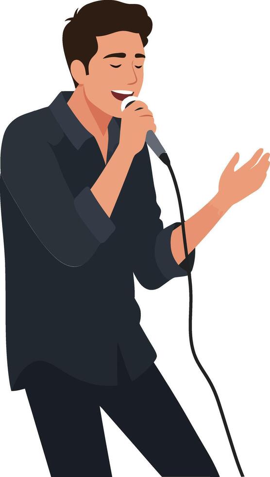 Young man passionately singing into a microphone in a flat and minimal style art vector