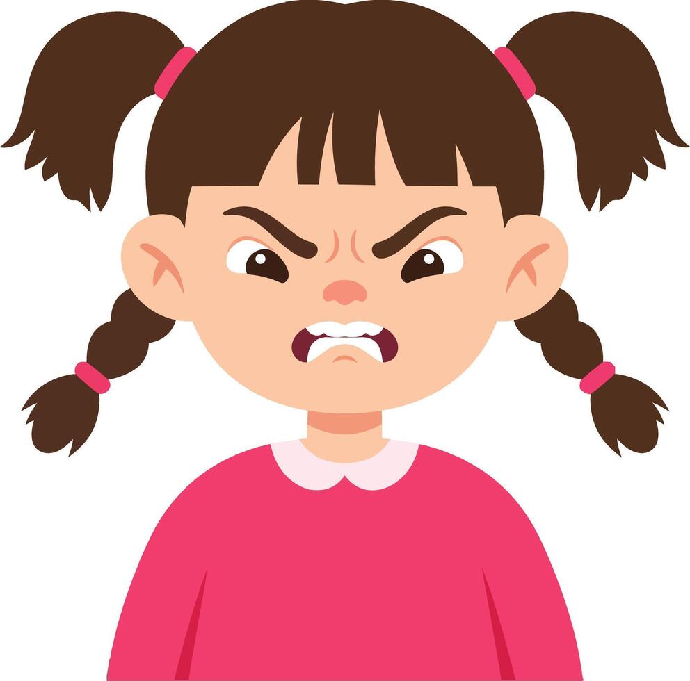 Angry girl character with pigtails wearing a pink sweater in a playful flat illustration expressing frustration and strong emotions vector