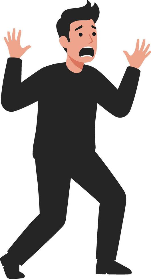 A startled man with raised hands in a black outfit displaying fear and anxiety in a minimal flat design illustration vector