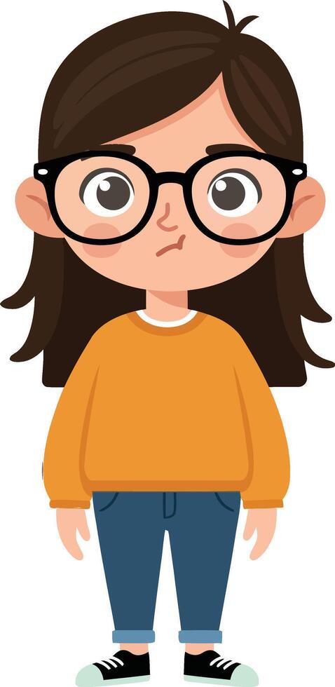 A young girl with long brown hair wearing glasses and an orange sweater, standing confidently, in a cute, minimal design style, illustration vector