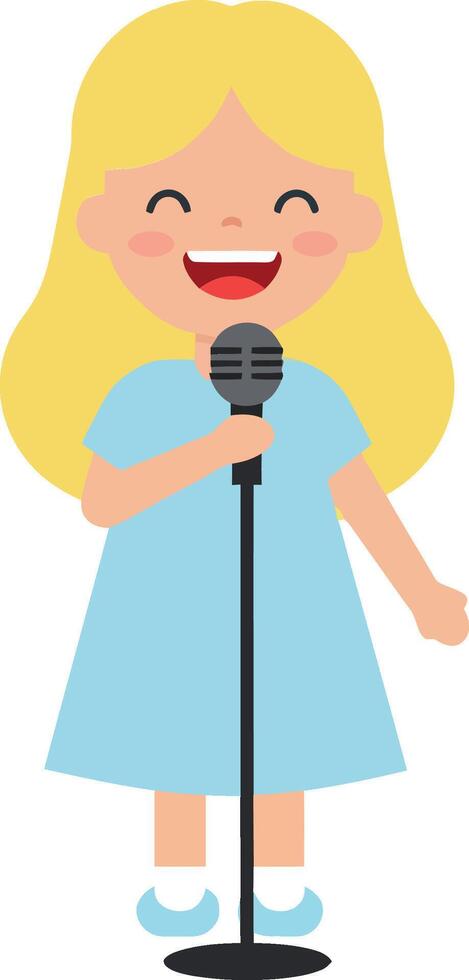 A cheerful girl in a blue dress singing passionately into a microphone in a flat design illustration vector