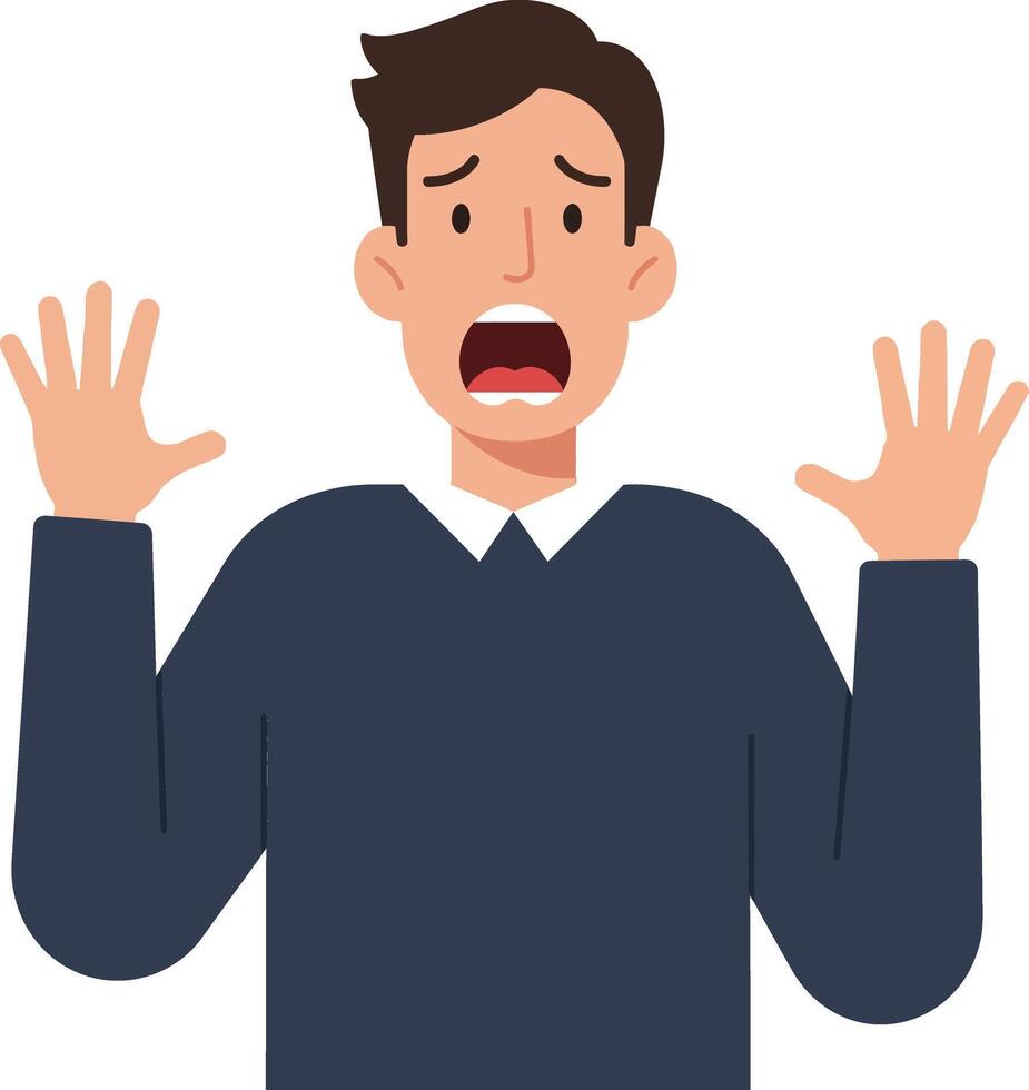 Man expressing surprise with wide eyes and open mouth, wearing a dark sweater in a flat illustration vector