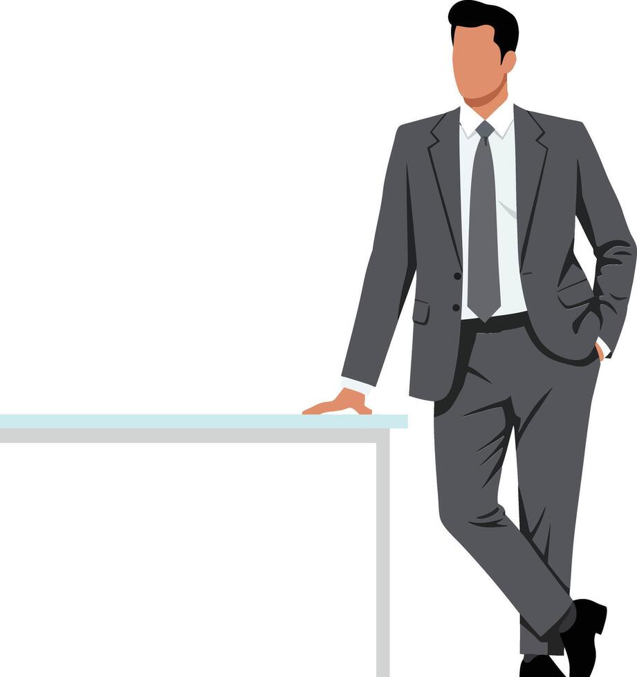 Professional man in a grey suit leaning casually against a modern table in a minimal and sleek design illustration vector