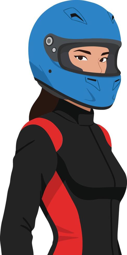 Female race car driver in a sleek black and red racing suit with a blue helmet showcasing confidence and readiness in a minimal illustration vector