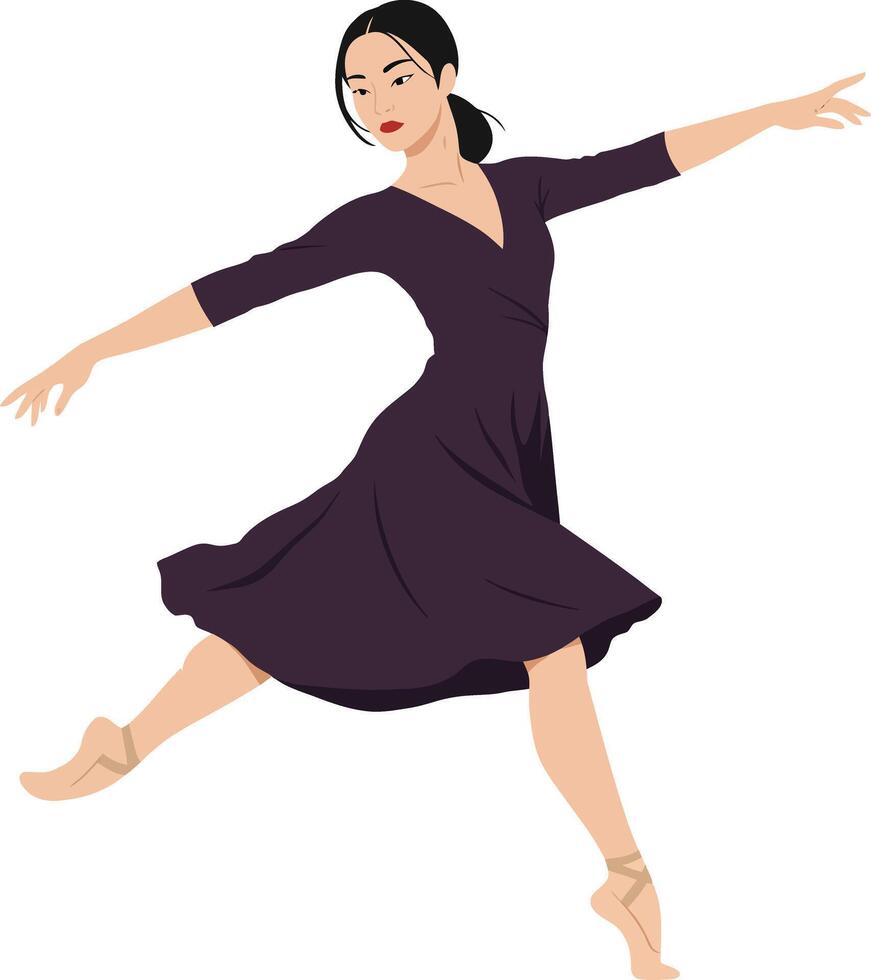 Graceful ballerina in a flowing purple dress performing an elegant leap in a minimalist illustration style, showcasing fluid motion and artistry in art vector