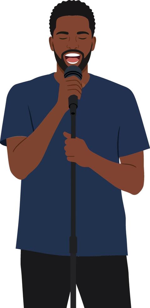 A man joyfully singing into a microphone wearing a casual navy shirt in a minimal flat design illustration vector