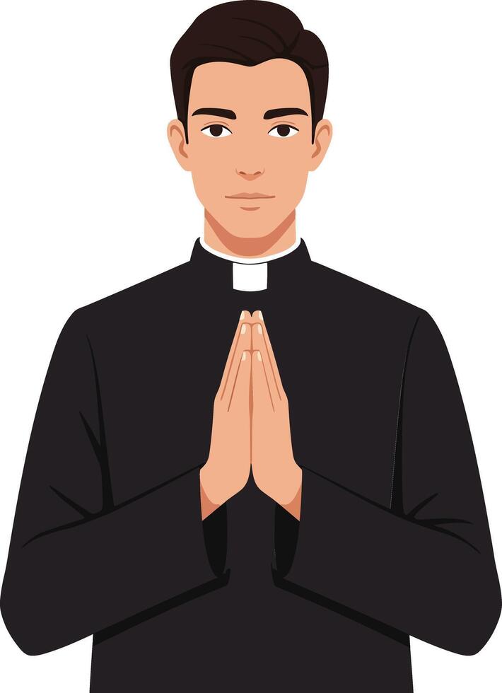 A young priest in a black cassock with hands clasped together, showcasing a serene expression in a minimal illustration vector