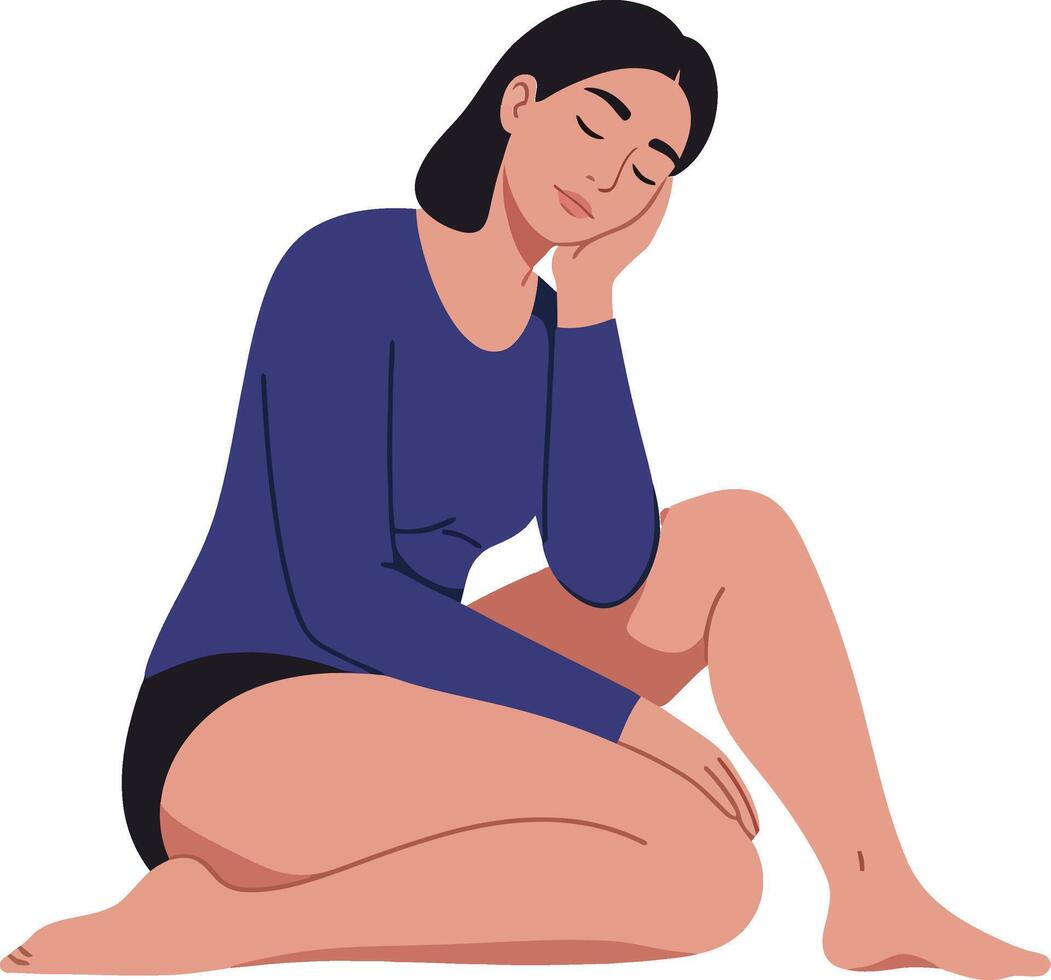 A thoughtful woman in a blue top sitting gracefully on the floor in a minimal and soothing environment, showcasing a relaxed mood in illustration vector