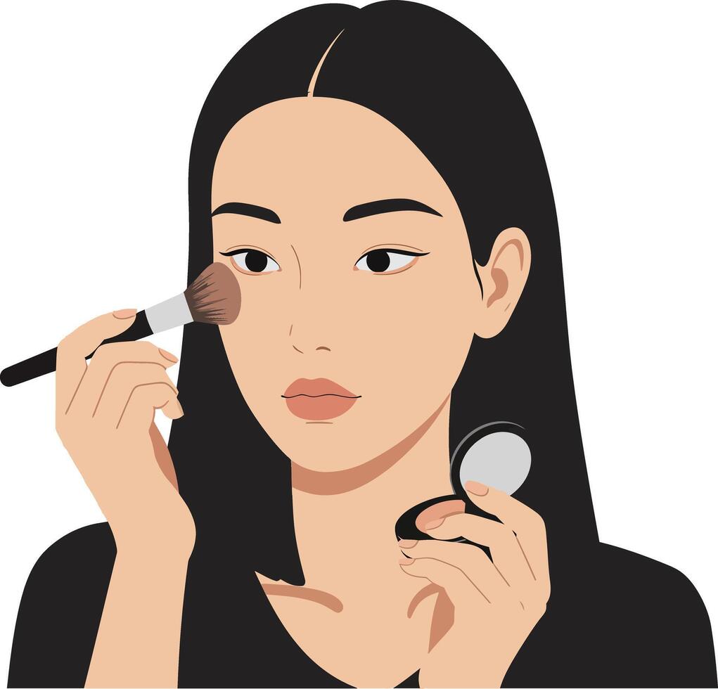 Woman applying makeup with a brush in a minimalistic style showcasing beauty and focus in illustration vector