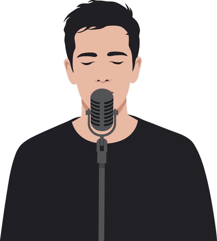 A young man passionately singing into a vintage microphone in a minimalist style art vector