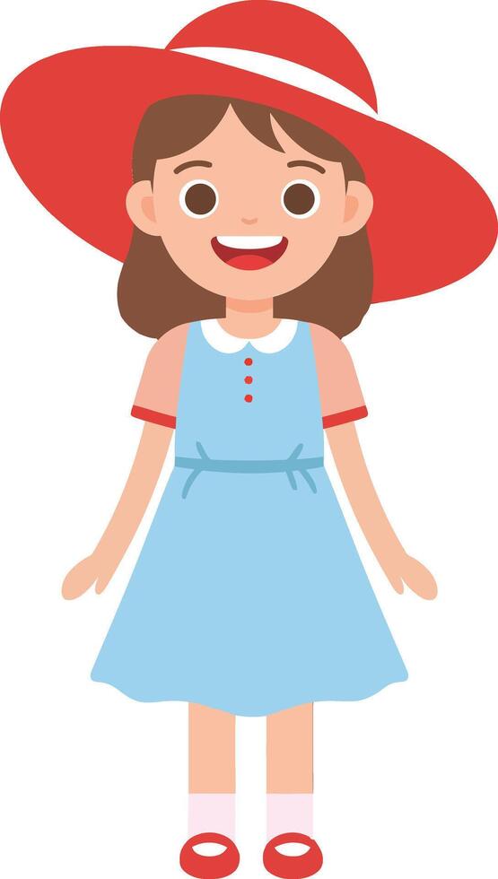 Cheerful young girl wearing a red hat and blue dress, smiling brightly in a fun and playful minimal illustration vector