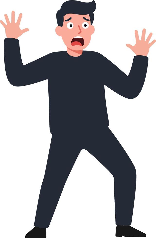 A surprised young man in a black outfit expressing shock with raised hands in flat art vector