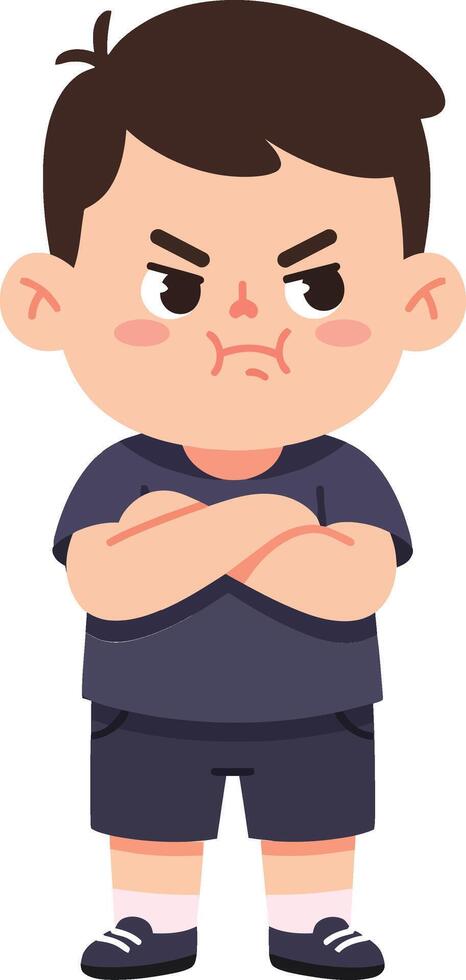 A young boy with an angry expression standing confidently with arms crossed in a minimal flat illustration style showcasing determination and frustration in a playful ambiance art vector