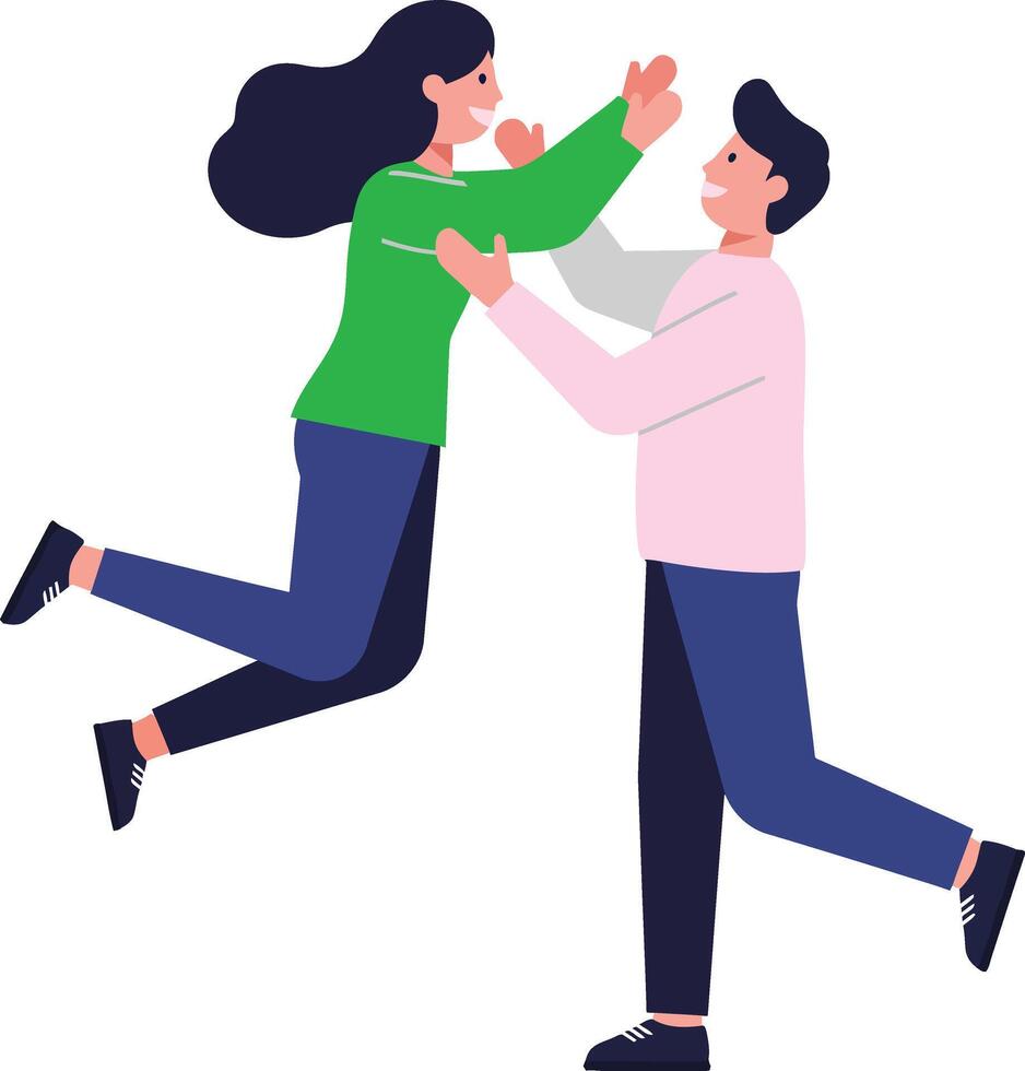 A joyful couple embracing in a playful moment, with flat design elements and vibrant colors, expressing happiness and connection in this art vector