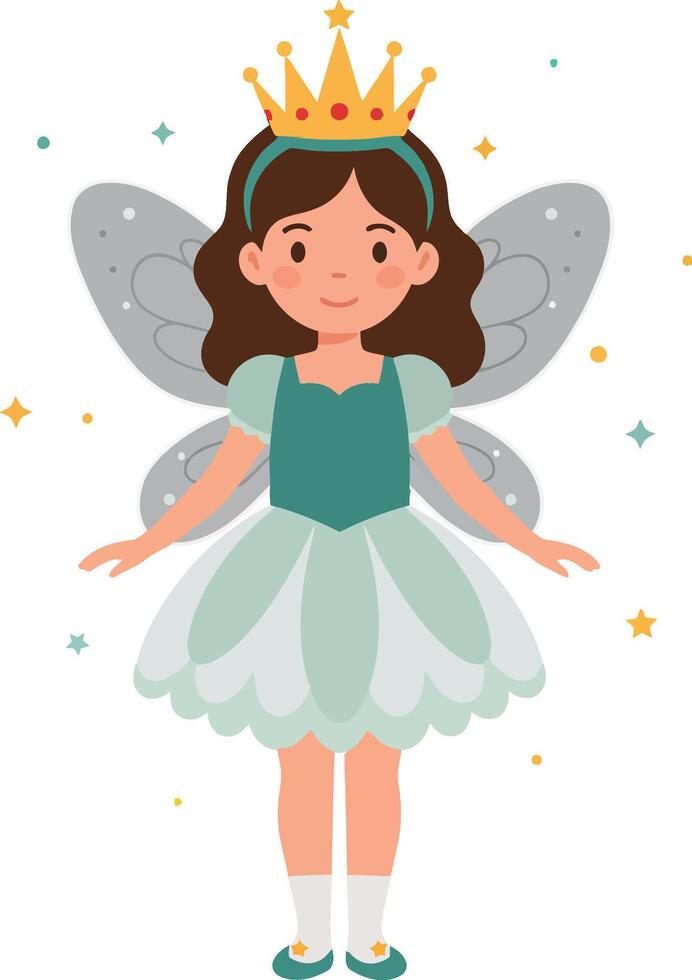 A cheerful young girl dressed as a fairy with wings and a crown in a playful, flat design illustration vector