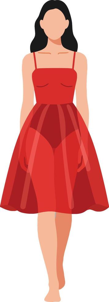 Woman walking confidently in a vibrant red dress with a playful, minimal style showcasing elegance and grace in art vector