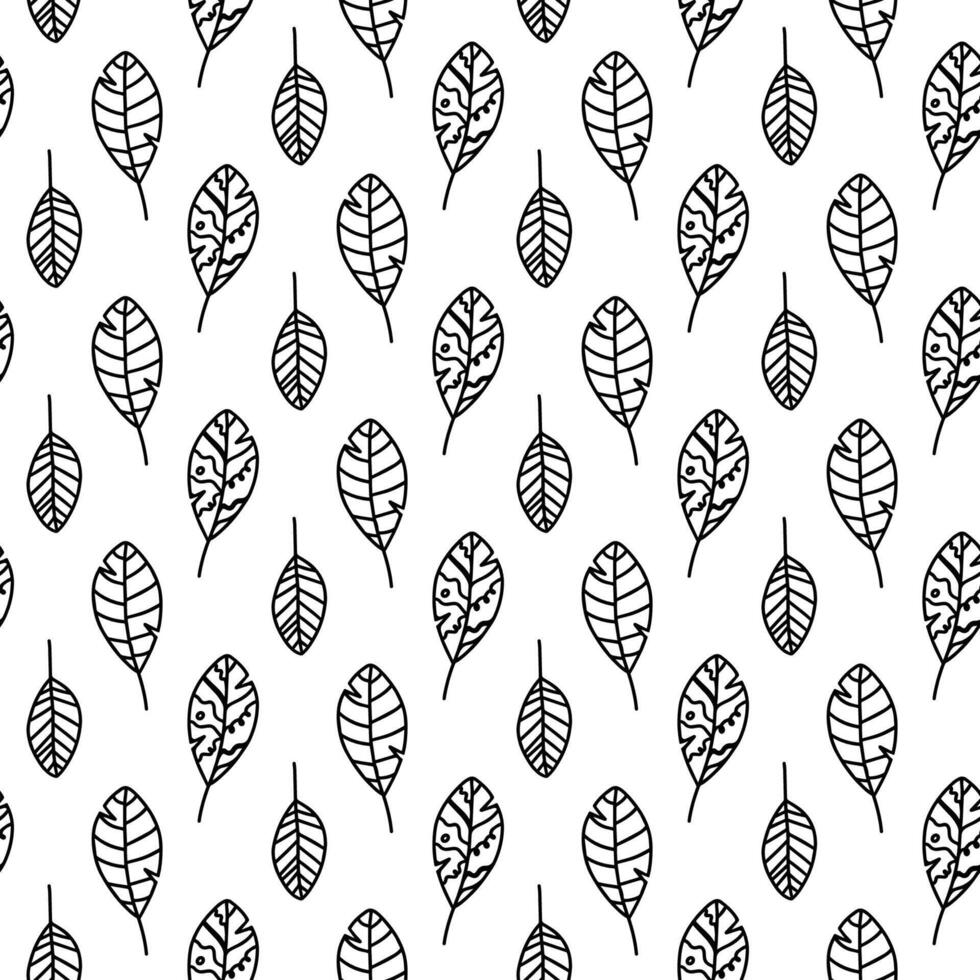 hand drawn autumn seamless pattern leaves cut out on white background. Doodle fall leaves for seasonal design, textile, greeting card, wrap in line art style. Adult and kids coloring page vector