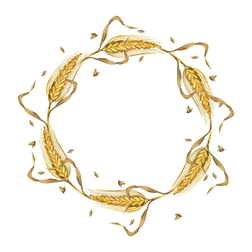 Wreath of wheat ears, wheat leaves and ripe grains. All objects are hand-drawn with watercolors and isolated on a white background. Suitable for printing on fabric, product packaging, and tableware vector