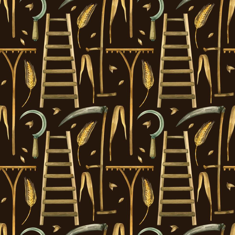 Seamless watercolor pattern on the theme of harvesting. Rake, scythe, sickle, ladder, ears of wheat and wheat grains, all objects are hand-drawn in watercolor. For printing on fabric, paper vector