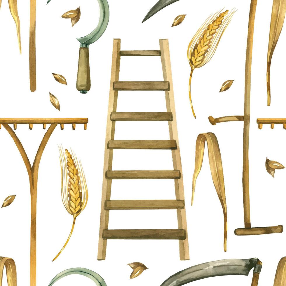 Watercolor seamless pattern harvesting, scythe for cutting grass, wheat, sickle, rake for collecting grass, ears of wheat, grains. All objects are hand-drawn with watercolors. For printing on fabric vector