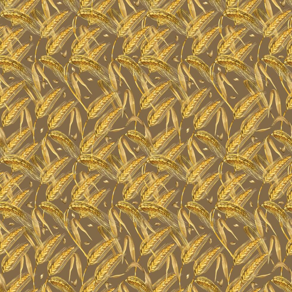 Seamless pattern of yellow wheat ears and wheat grains. All objects are hand-drawn with watercolor. Watercolor illustration. For printing on fabric, paper, for decorating dishes, kitchen textiles vector