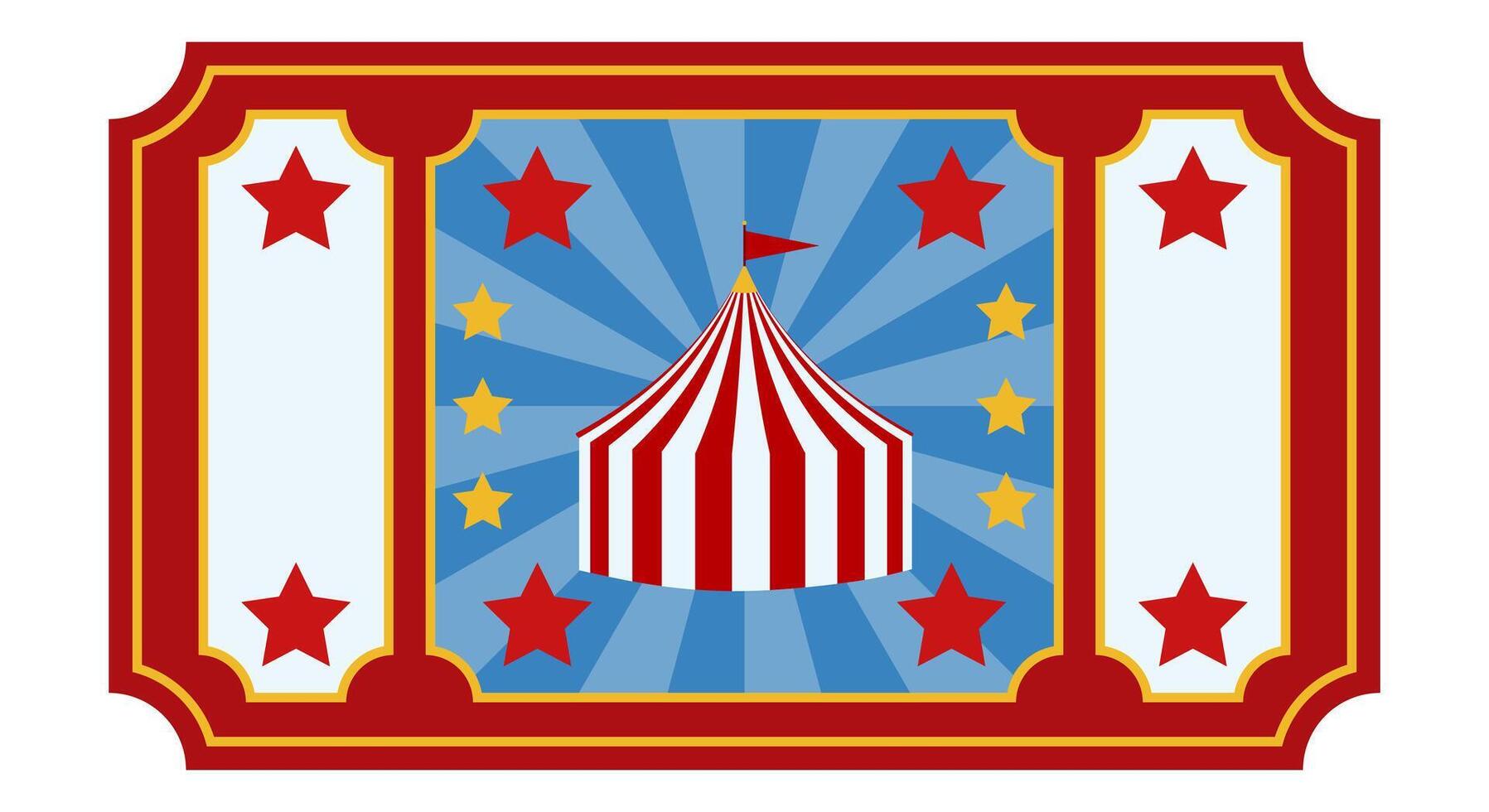 Retro circus ticket with a red and blue design featuring a striped circus tent, stars, and decorative elements. Event admission pass template for entertainment, carnival, and fair entry. vector